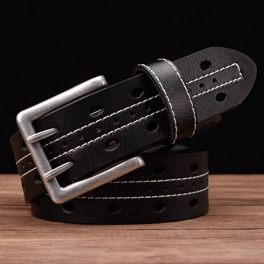 

Men s Leather Double Needle Buckle Classic Tow Row Hole Jeans Belt Cowboy Hollowed Out Waistband Width:3.8cm Length:105-125cm 125cm