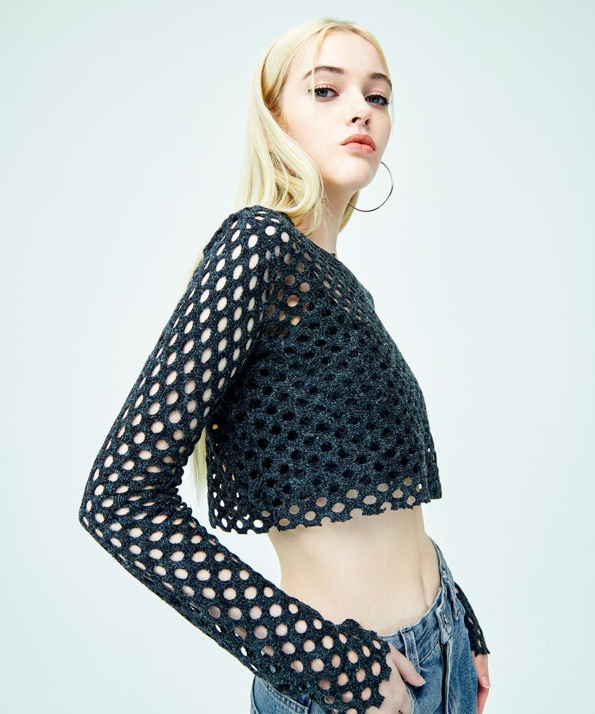 ATTENTIONROW FOR WOMEN Punched Layered Net Knit (Dark Gray)