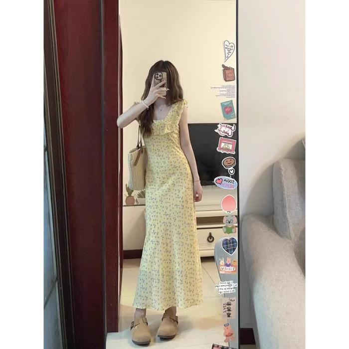 French girl floral medium and long ruffle skirt female sexy slim summer vacation lace suspender dress S жёлтый