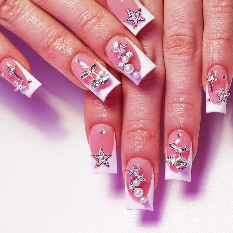 

2024 Stylish Mid-Length French Star Cherry Nail Art Set, 24 Pieces