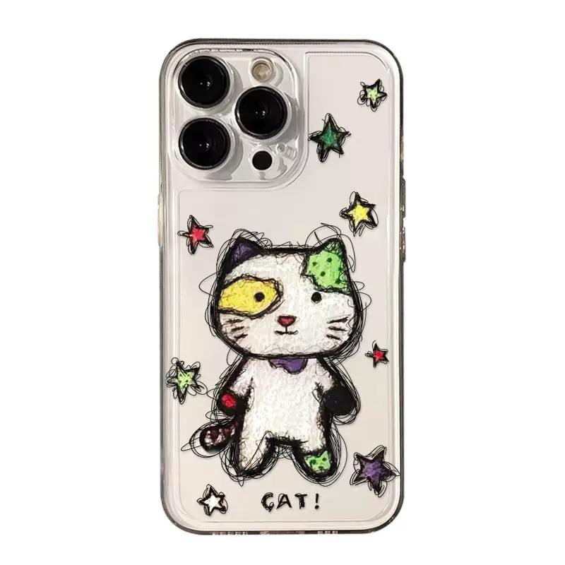 

Hand Drawn Cute Cat Star Clear Phone Case, Aesthetic Doodle Cartoon Shockproof Protective Cover for iPhone iPhone 13 PRO MAX разноцветный