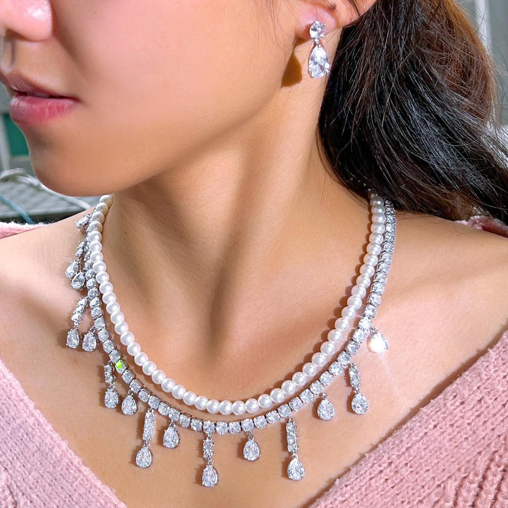 Super Sparkling Water Drop Zircon Pearl Necklace Earrings Set Holiday Photography Bridal Wedding Pearl Set Chain