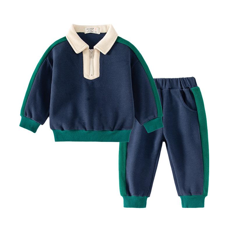Boys Spring Autumn Outfit Set Collared Color Block Top and Pants 2 Piece Casual Clothing for Kids