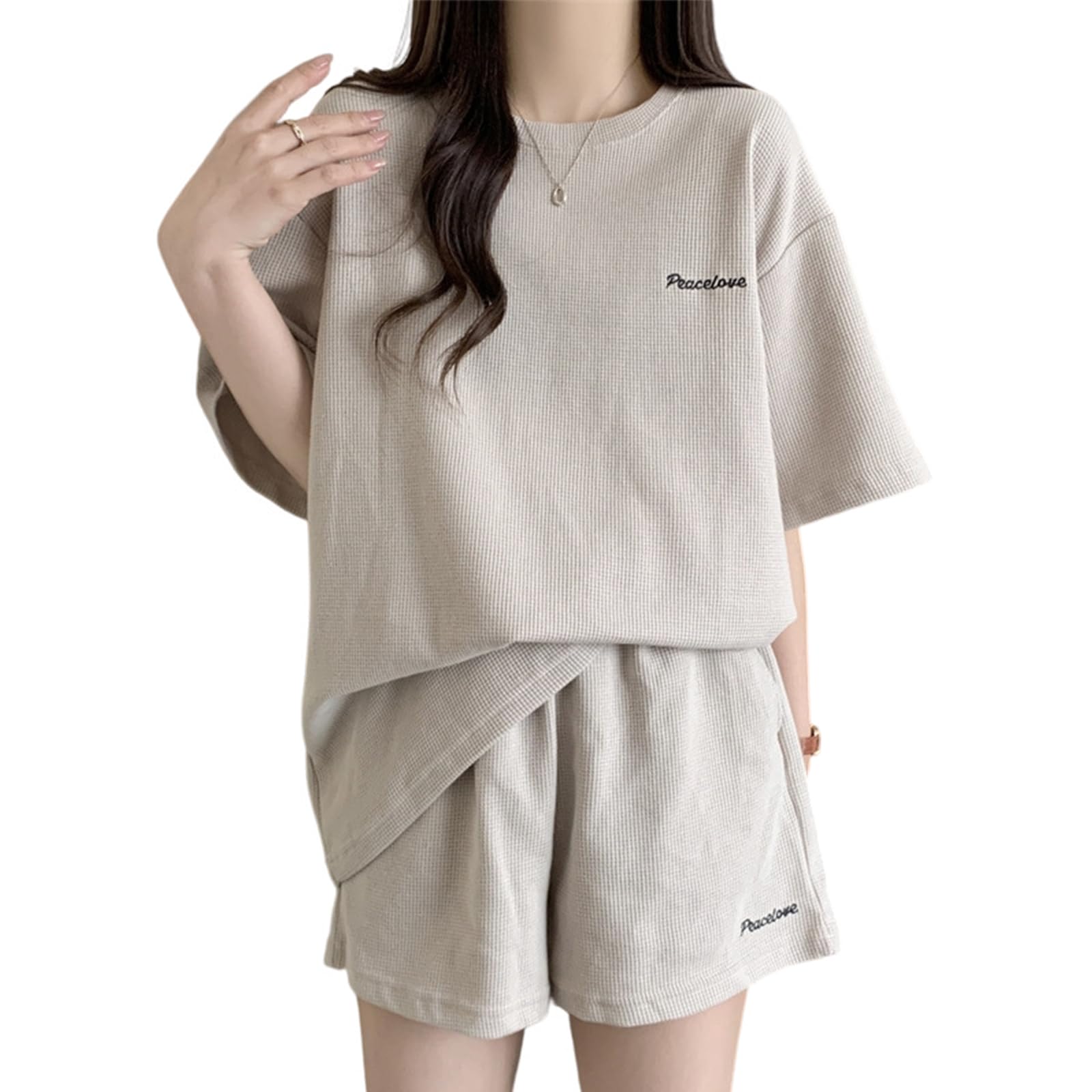 

[Z8two] Women s Short Sleeve T-Shirt and Shorts Set, Loungewear, Summer Clothes, Round Neck, Lightweight, Breathable, Skin-Friendly, Loose Fit, Slimmi