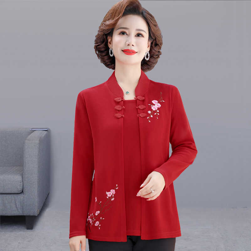 Camisa de Manga Larga Falso Dos Piezas Otoño Madres de Mediana Edad Tejido de Punto Bordado Color Sólido Tejido Casual Holgado Top