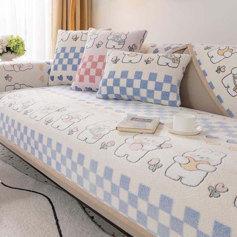 Sofa Cushion Winter Cartoon Non-Slip Cushion Cover Towel Cute Thickening Plush Sofa Cover