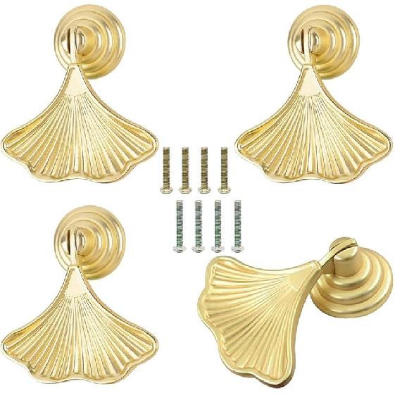 4 Pcs Ginkgo Leaf Shape Handles Golden Leaf Shape Knobs Golden Drop Pendant Pull Handles Single Hole Knobs Handles for Kitchen Furniture Cabinet