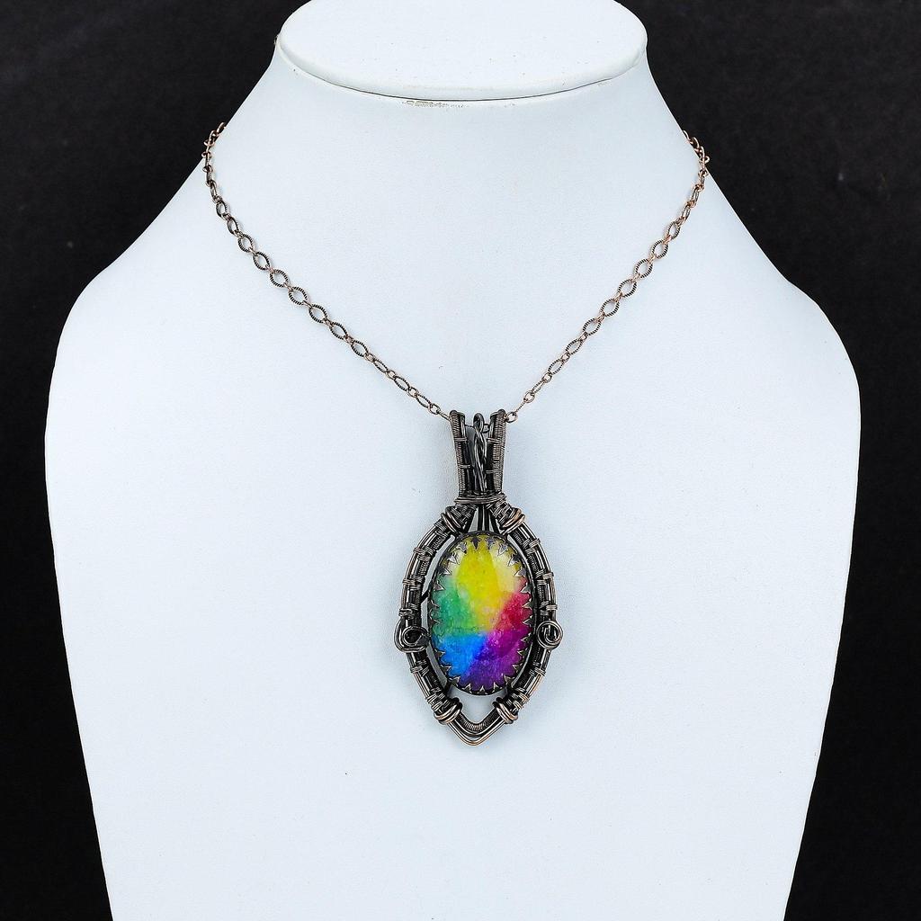 Rainbow Solar Quartz Gemstone Pure Copper Wire Wrapped Handmade Pendant Jewelry