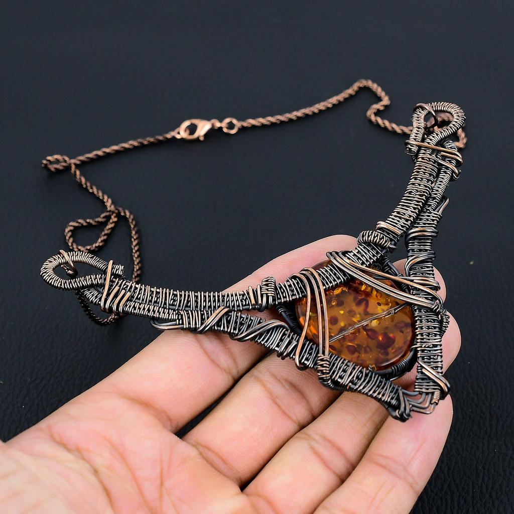 Baltischer Bernstein-Edelstein, reiner Kupferdraht, umwickelt, handgefertigter Halskettenschmuck für Sie
