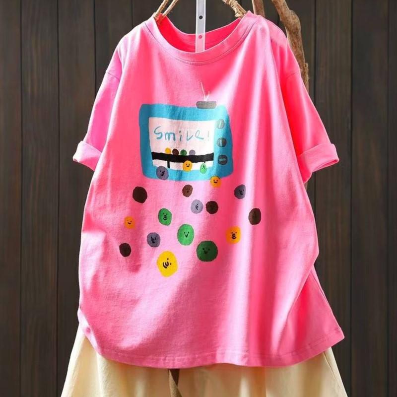 Johnature Women Vintage Print O-Neck Short Sleeve Summer Loose Casual Female T-Shirts