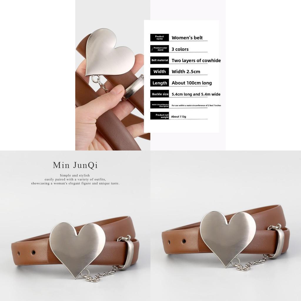 Womens Fashion Leather Belt With Heart Buckle And Chain Decor For Casual And Date Wear