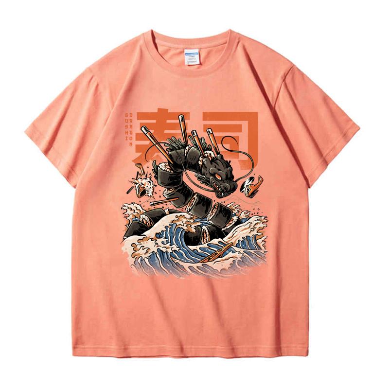 

220 GSM тяжелая футболка из 100% хлопка футболка с черным суши-драконом и принтом мужские повседневные базовые мужские топы с круглым вырезом