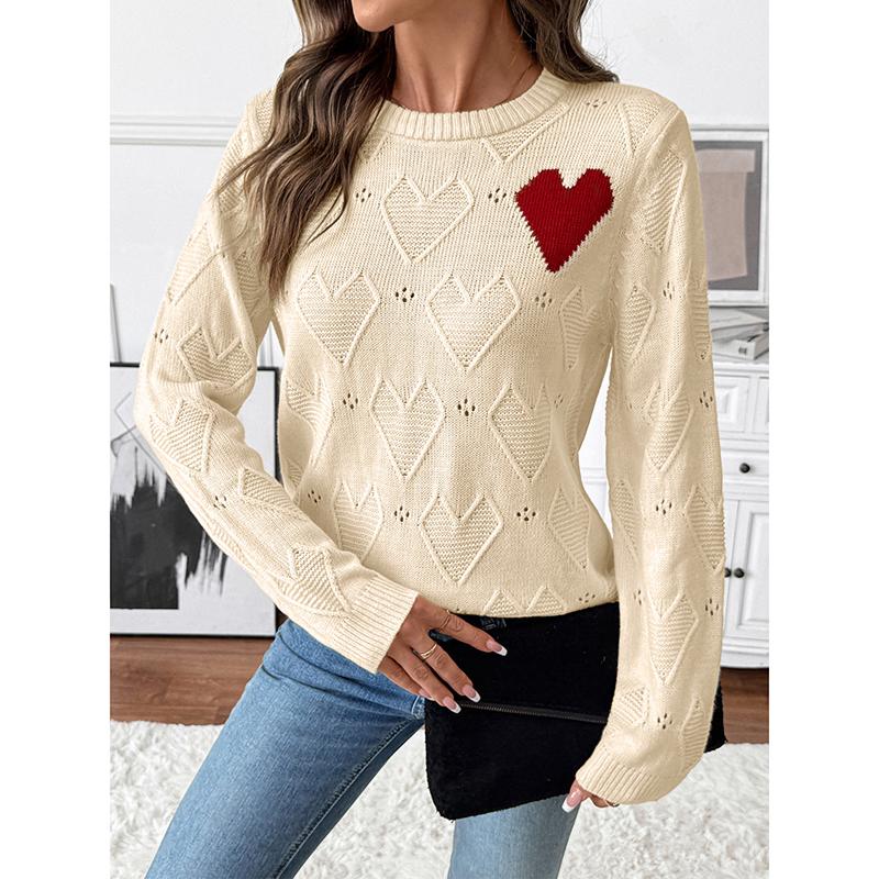 Autumn Round Neck Contrasting Color Heart Jacquard Knitted Sweater for Women's Casual Simple Hollow Out Versatile Sweater