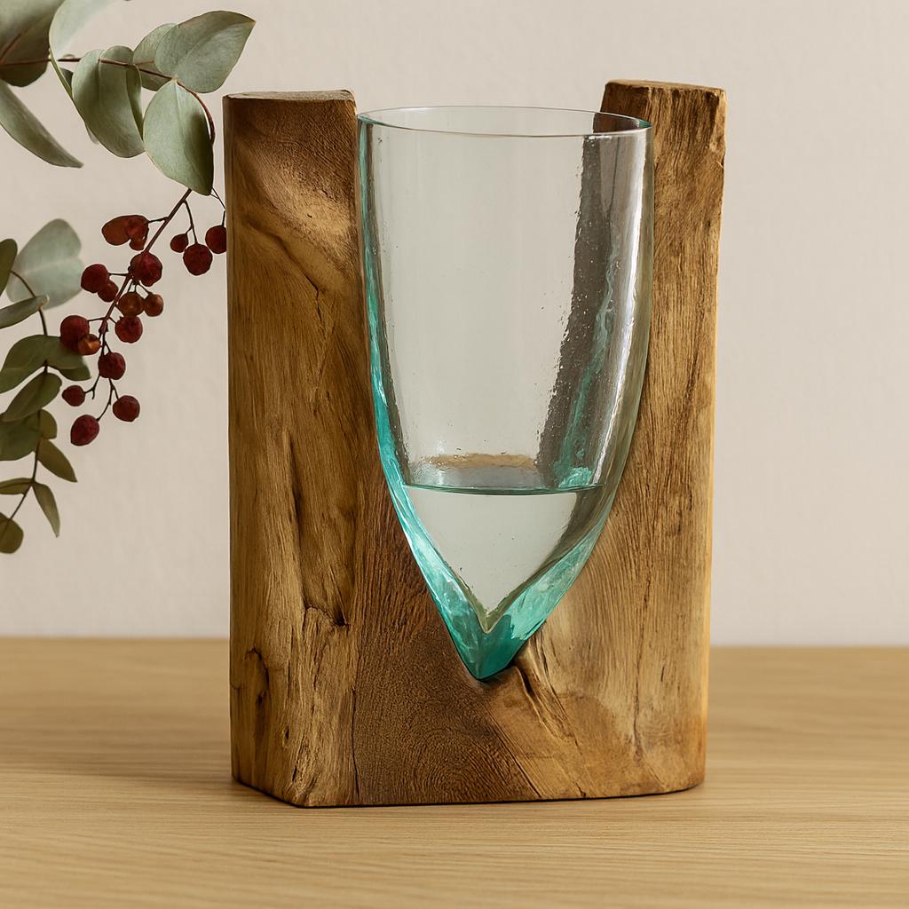 Glass Vase On Wood Base V-Shaped