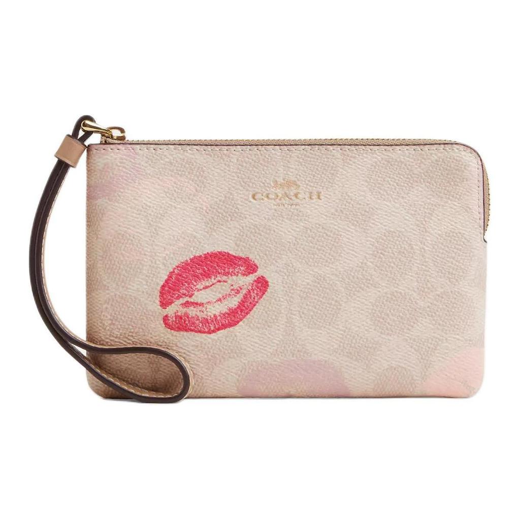 Coach Corner Zip 16 Lip Print Zip Closure Coated Canvas Wristlet Women Wristlet Beige Multicolor CZ950-IMSAS