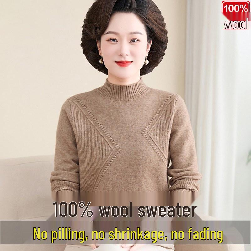 Luomeng 100% Pure Wool Thick Half-Collar Knit Sweater for Middle-Aged & Elderly Women