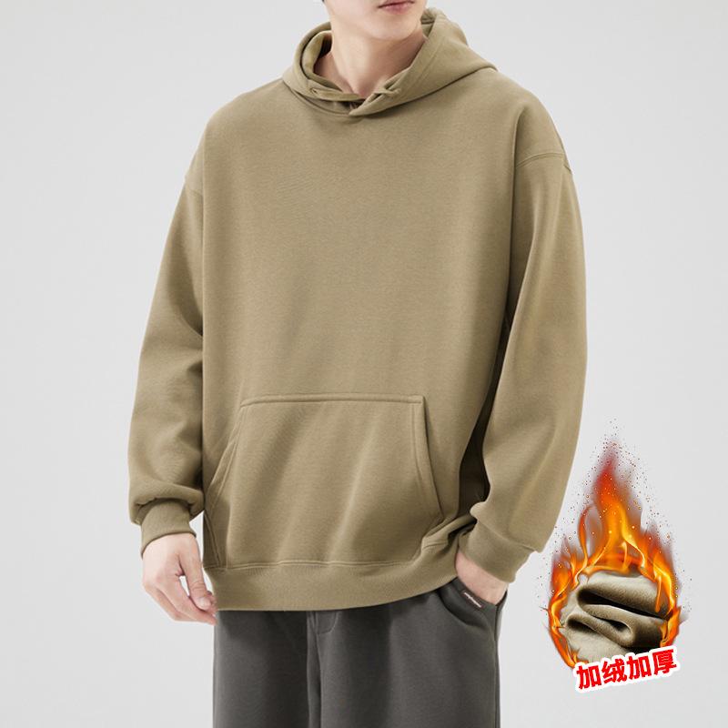 2024 Autumn/Winter New Men'S Solid Color Hoodie With Thick Velvet Coat/Regular Coat Heavy Hooded Top