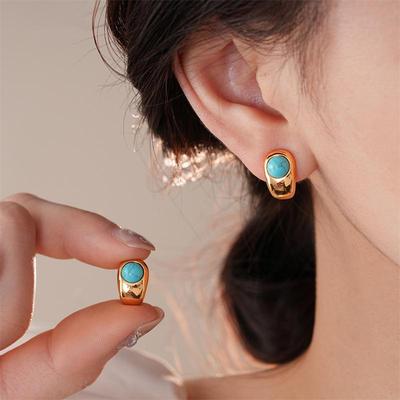 Orecchini a Bottone Geometrici con Pietra Verde per Donna Semplici Retrò Temperamento Moda Dolce Personalità Gioielli Regalo