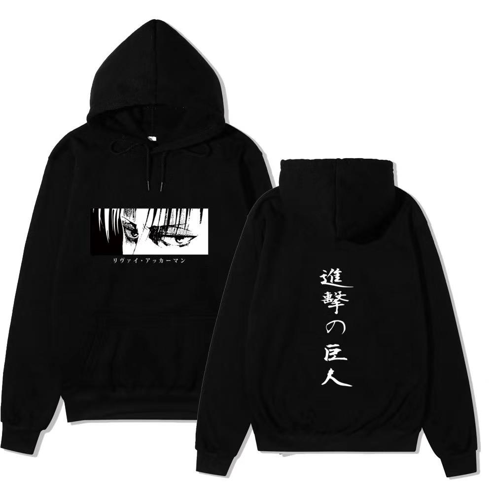 Attack On Titan Levi Ackerman Hoodie Unisex Fleece Sweatshirt Front Manga Eyes Print, Back Japanese Text, Autumn Winter Casual Pullover