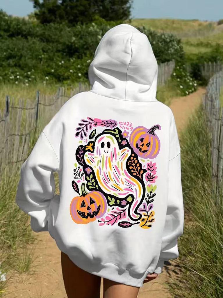 Autumn 2025 Halloween Hooded Sweatshirt - Ghost & Pumpkin Print Jacket
