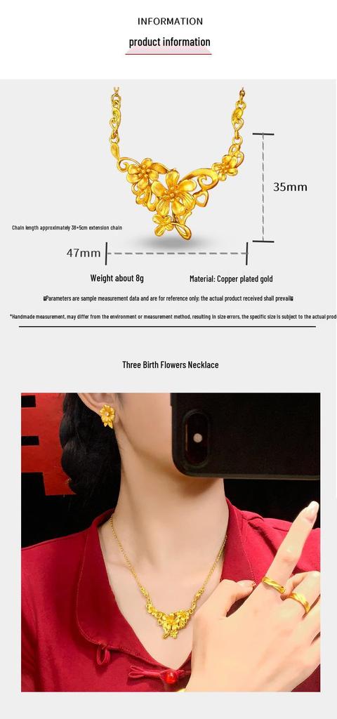 Three Lives Floral Necklace for Women: Imitation Sand Gold Wedding Jewelry Set