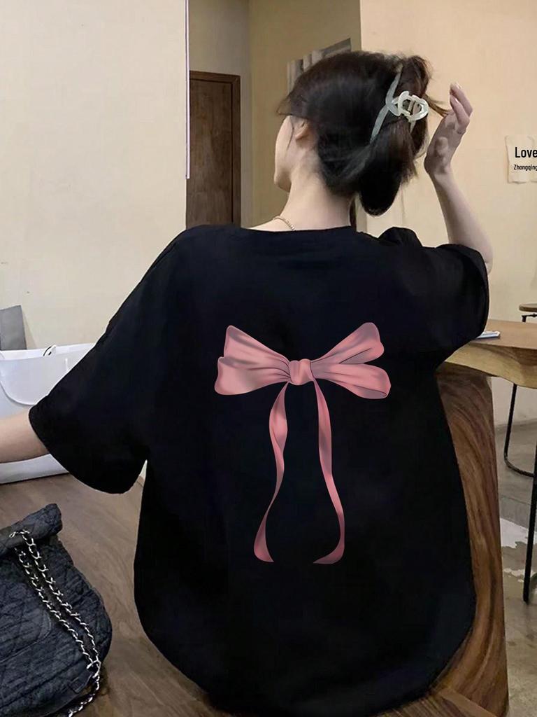 Women's Pink Bow Print Short Sleeve Loose T-Shirt - Spring/Summer Design