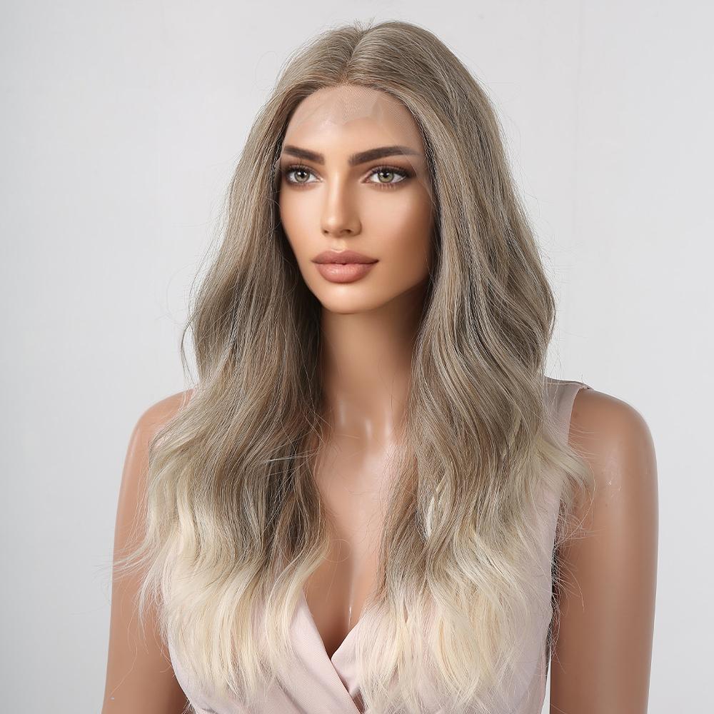 ALAN EATON Synthetic Front Lace Wig Long Wavy Wigs Ombre Grey to Blonde Daily for Women High Density Heat Resistant Hair