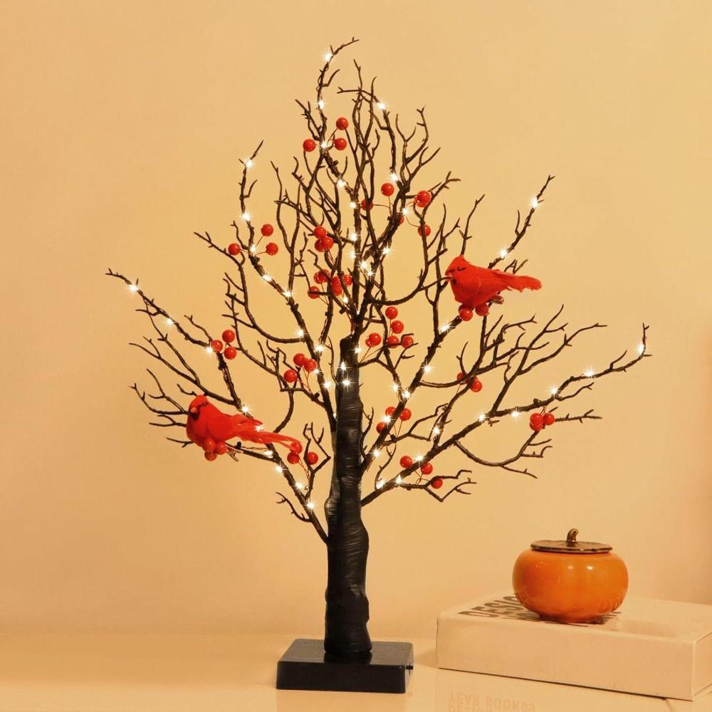 Red Berry Decoration Vintage Glowing Tree Bird Twinkle Tree Lamp  Home Table Decoration