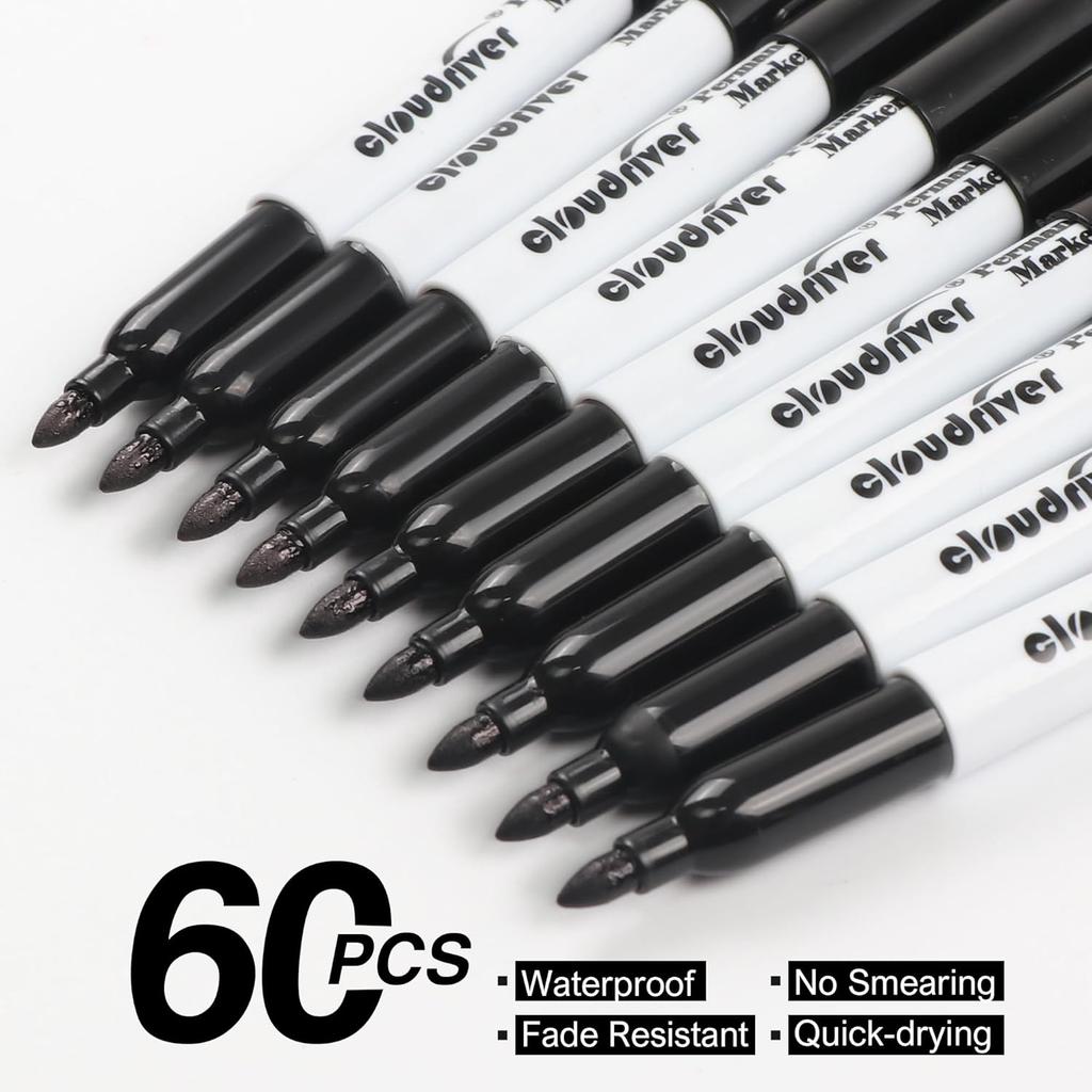 Cloudriver Black Permanent Markers Fine Tip, 60 Packs Permanent Markers Bulk, Quick Drying & Fade Resistant, Permanent Marker Set Works On