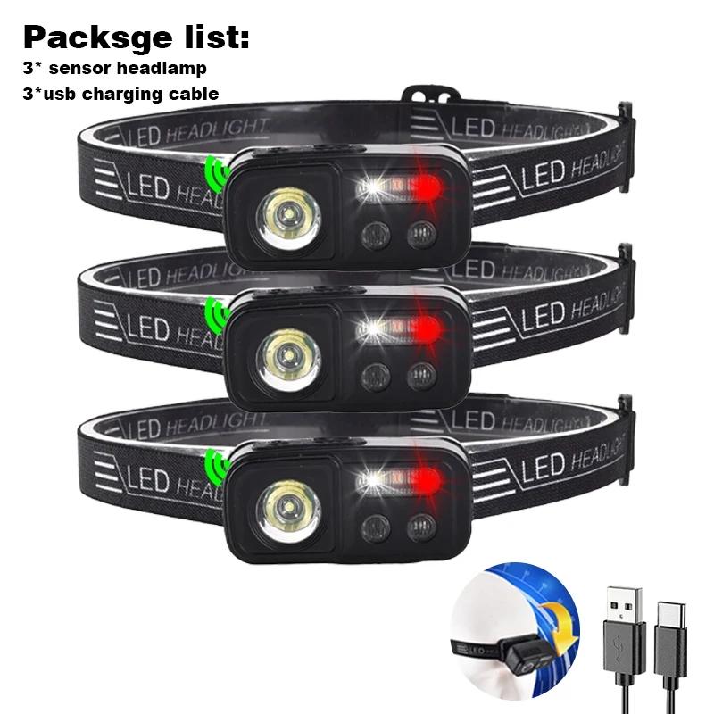 800Mah COB+LED Head Flashlight Motion Sensor Type-c Rechargeable Headlamp Camping Fishing Outdoors Headlights with Red lights