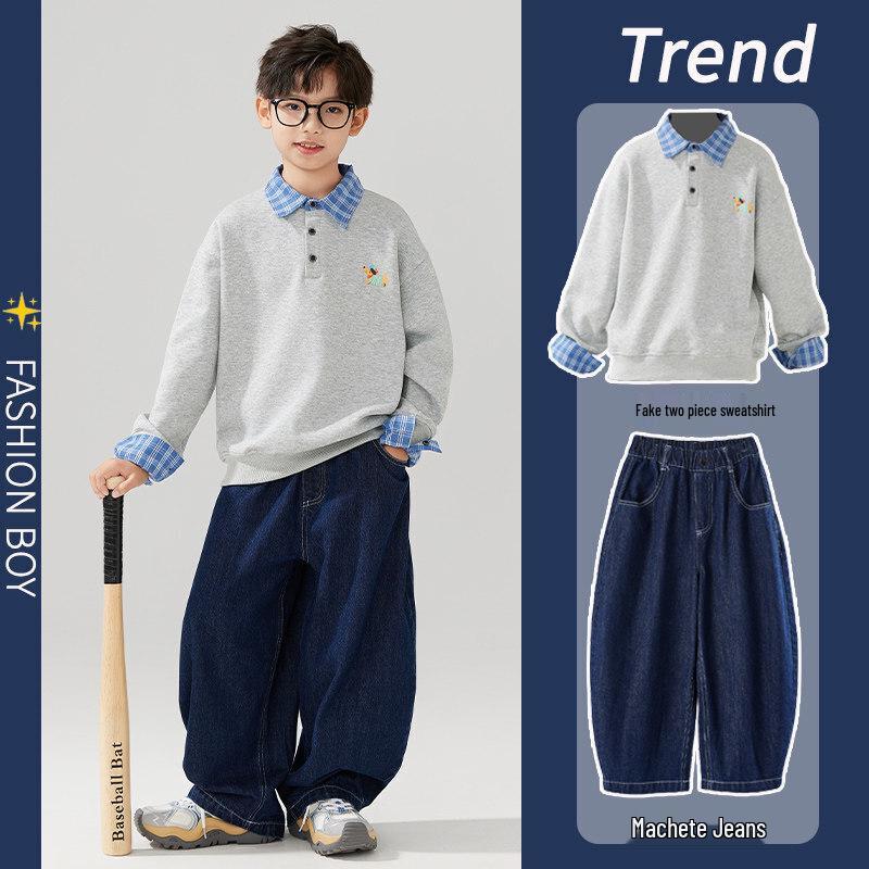 Moonkids Boys  Casual Fake Two-Piece Sweatshirt & Jeans Set 120 cm
