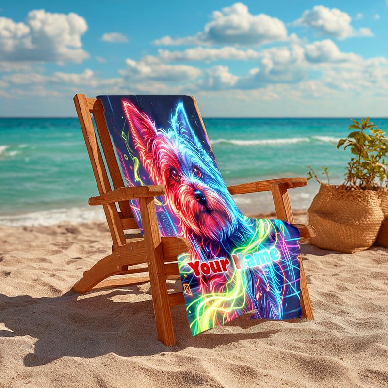 1PC Custom Name Neon Yorkie Cityscape Beach Towel Highly Absorbent And Sand-Resistant Towel for Swimming, Pool, Yoga, And Travel Lightweight
