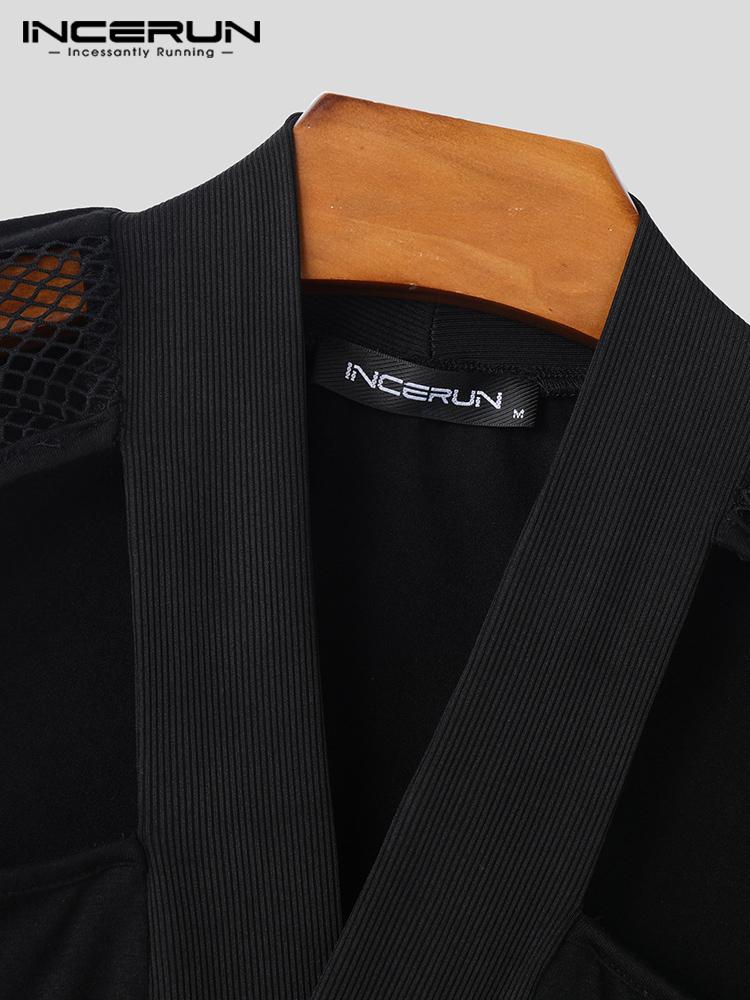 INCERUN Pánské topy a trička s dlouhým rukávem, výstřihem, kříženým patchworkem a netylovou vsadkou