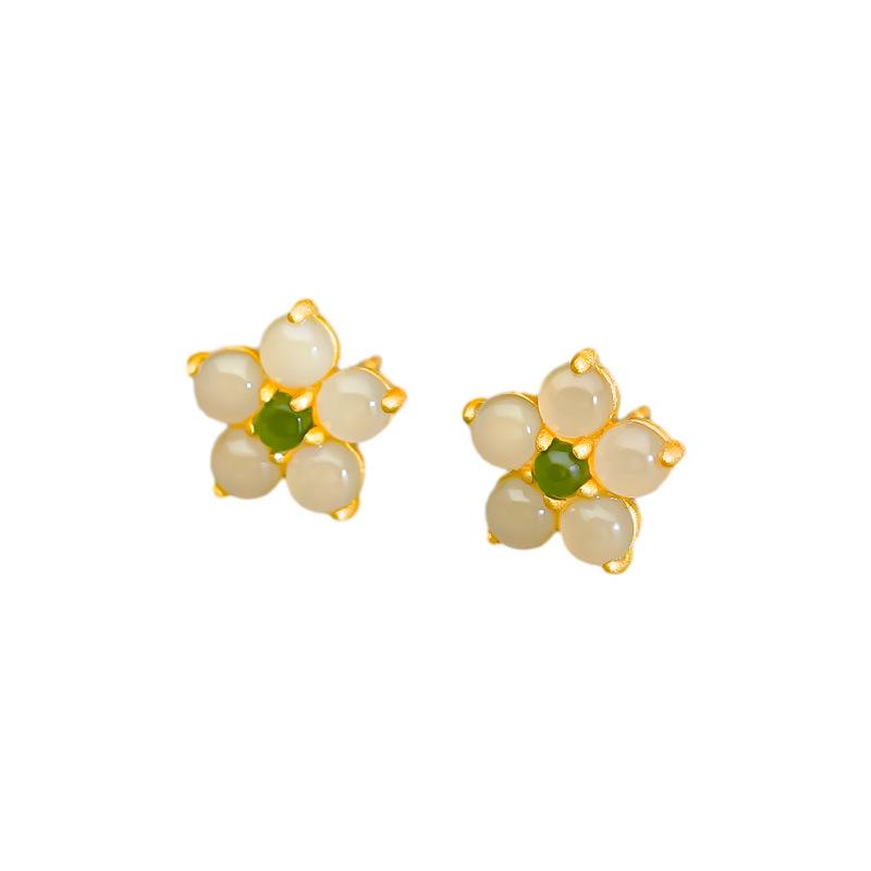 Tichiya Natural Hetian Jade Peach Blossom Earrings, S925 Sterling Silver, Chinese Style, Elegant Flower Design for Women.