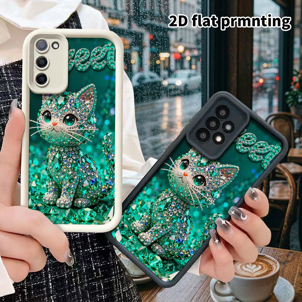 Phone Case: 2D Flat Samsung Galaxy A34 A35 M05 M06 S20 S22 S21 FE Plus 5G Layered Protective Case, Emerald Cat, Christmas and Halloween Gift