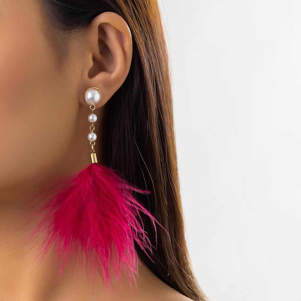 Temperament Feather Fringed Imitation Pearl Earrings, Retro Style Personality Simple Niche Stud Earrings For Women