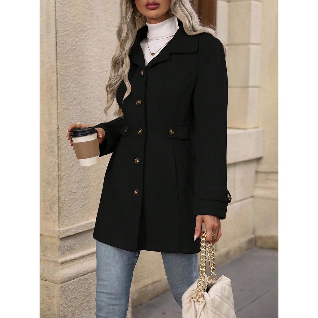 Women's Notched Lapel Wool Blend Coat, Slim Fit Belted Waist Trench with Thermal Lining, Elegant Office Chic Overcoat for Commute With Pockets