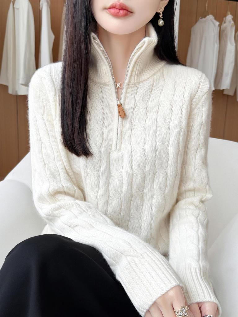 Fashionable Lapel Pure Wool Cable Knit Zipper Sweater - Loose Fit, Simple Long Sleeve Knitwear Top