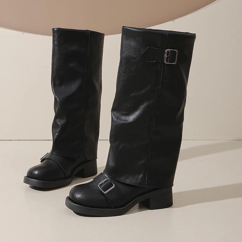 Fashion Round Toe Buckle Solid Modern Boots Autumn Knee-high Ladies Shoes 2025 Hot Sale Slip-on Mid Heel Sqaure Heel Women's Boots