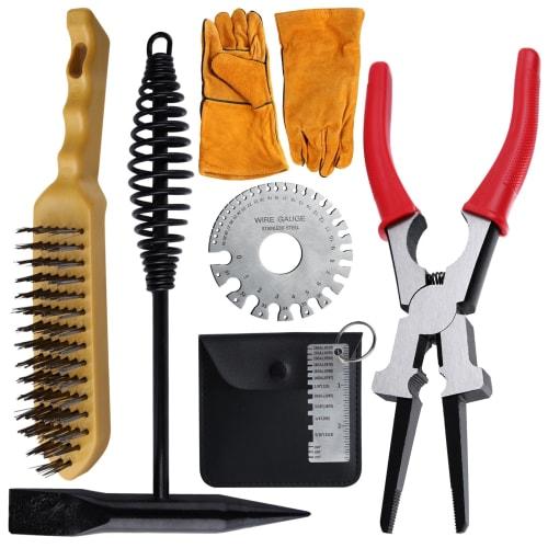 SPEEDWOX Welding Tool Set: Carbon Steel Welding Pliers, Hammer, Gauge, and Gloves, Red