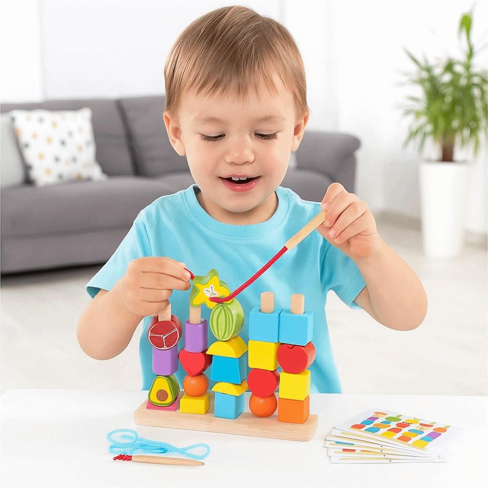 Montessori Color Shape Cognition Toys Fruit Color Shape Wooden Beads Sequencing Toy  Boys Girls