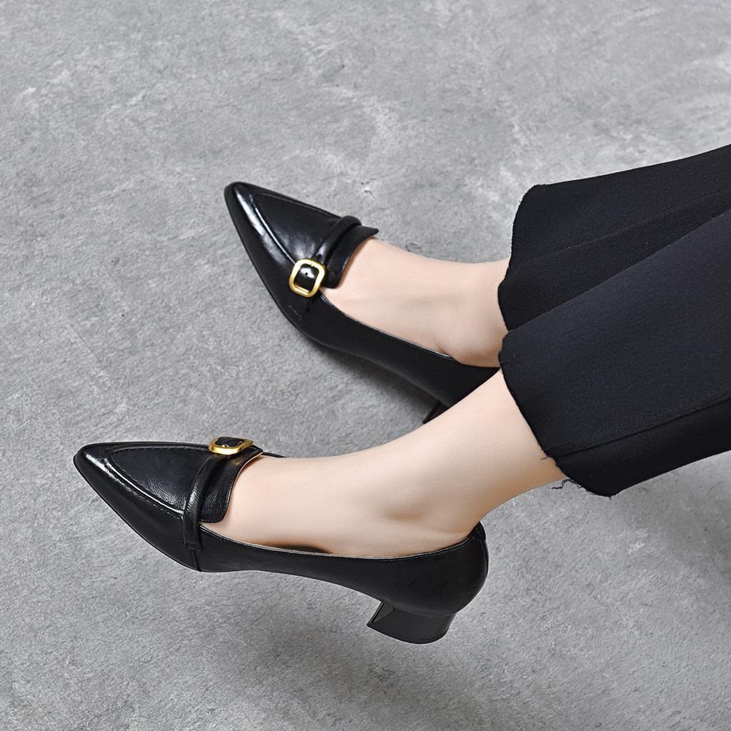 Pointed high heels women's shoes spring new belt buckle small single shoes elegant middle heel work shoes