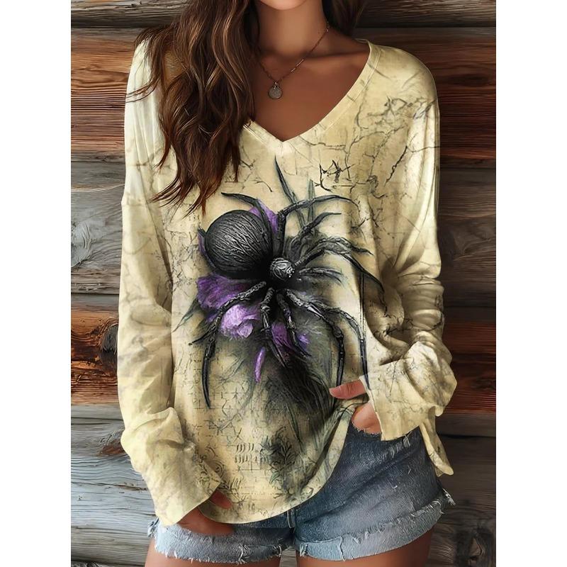 Halloween Pumpkin Ghost Print 3D Graphic Long Sleeve T-Shirt Casual V-Neck Top Polyester Breathable Women's Fashion Apparel