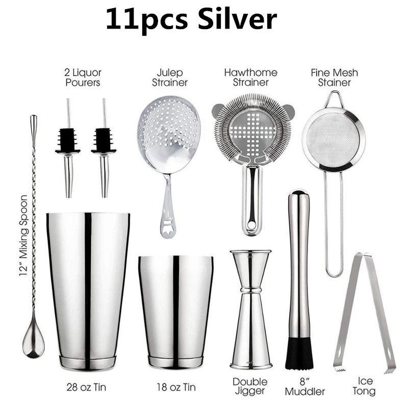 Koktejl Shaker Bar Set: 2 vážené Boston shaker, cedítko na koktejly, odměrka, muddler a lžička, kleště na led a 6 nalévátek na lahve