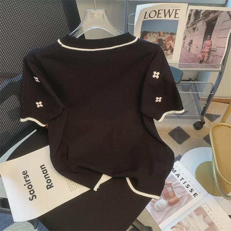 Summer 2023 Four-Leaf Clover Embroidered Ice Silk Knit T-Shirt