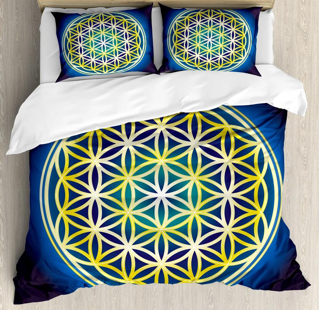Flower of Life Duvet Cover Dark Blue with Geometry Print Quilt Cover for Children Teens Adults for Bedroom Decoration Queen Size