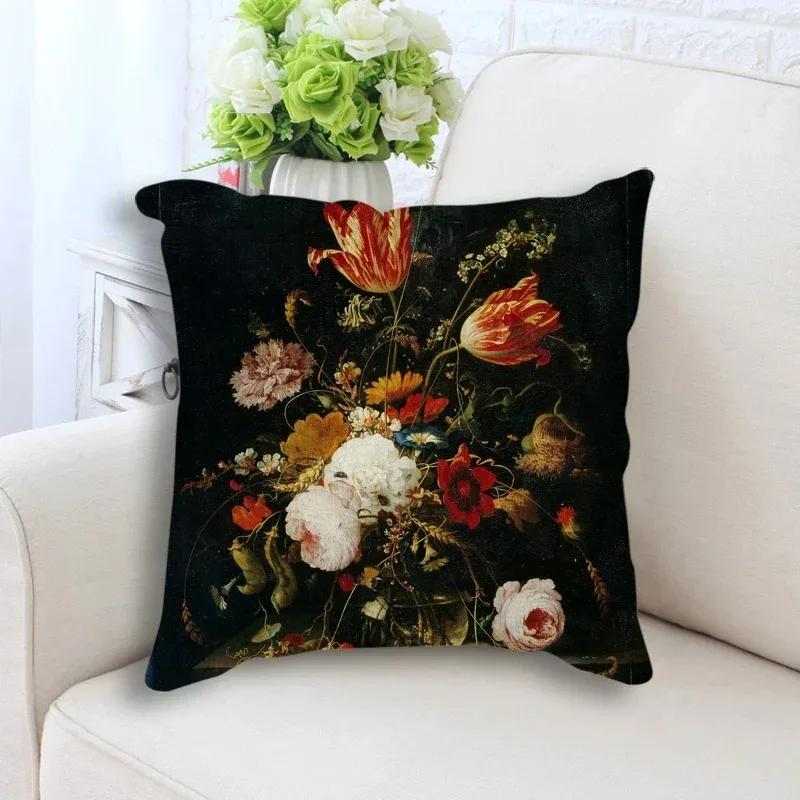 Retro Plant Flower Art Oil Painting Printed Pillow Case Home Decoration Bedroom Room Living Room Sofa Cushion Cover X