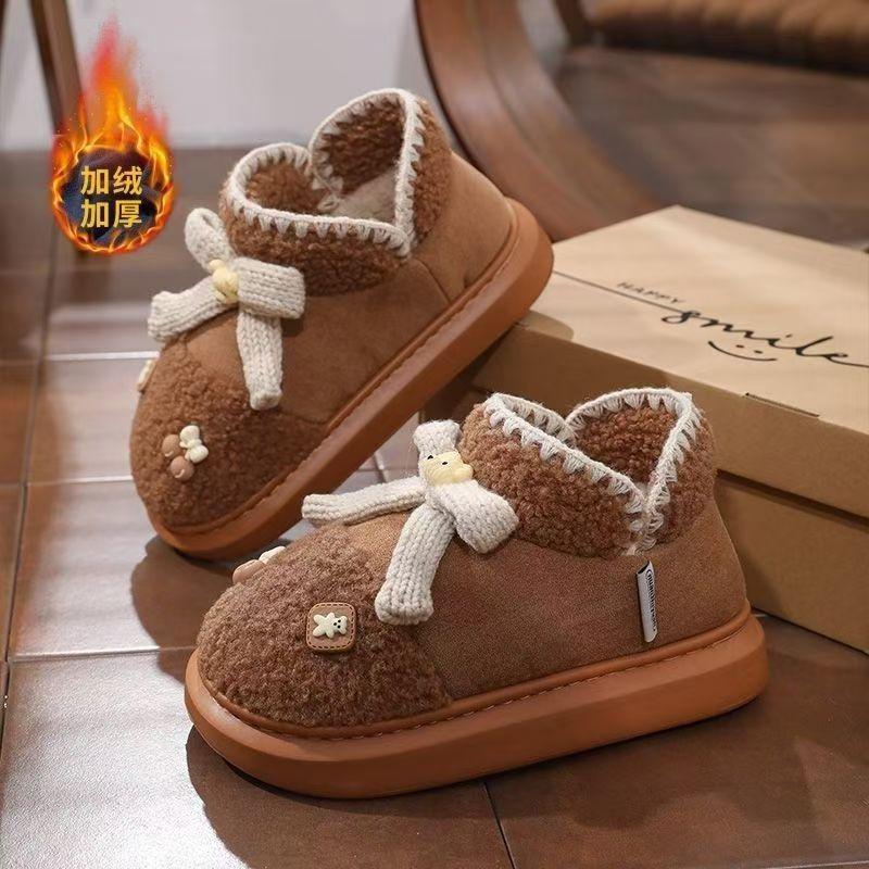 High-value Cute Bear Bow Lamb Wool Parent-child Snow Boots Women's Velvet Thickened Bottom Warm 2468