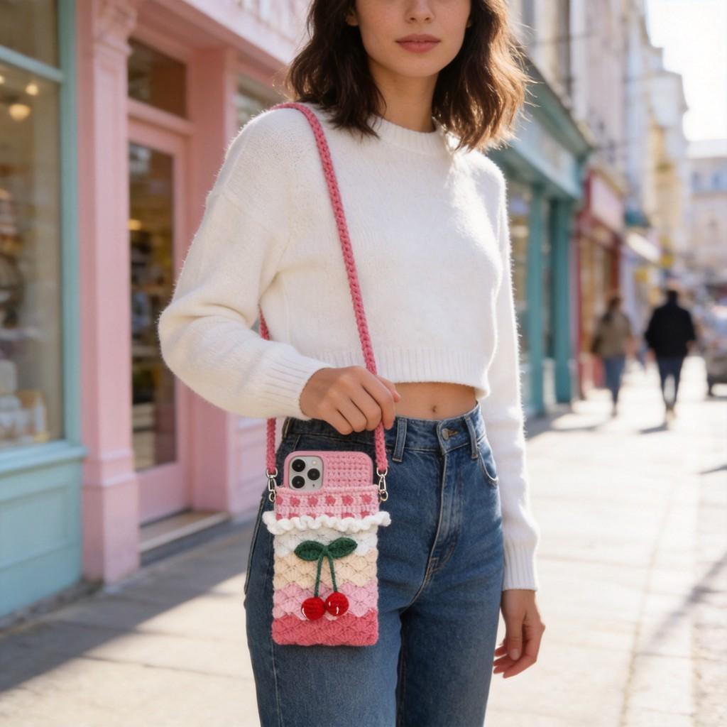 Knit Cherry Phone Bag With Water Bucket Style For Daily Casual Use