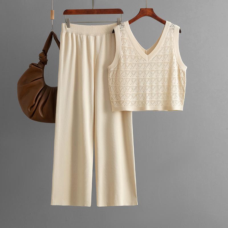 Sommer Mode Anzug V-Ausschnitt Lochstrick Weste Top Lässige Weitbein Hose Zweiteiliges Set